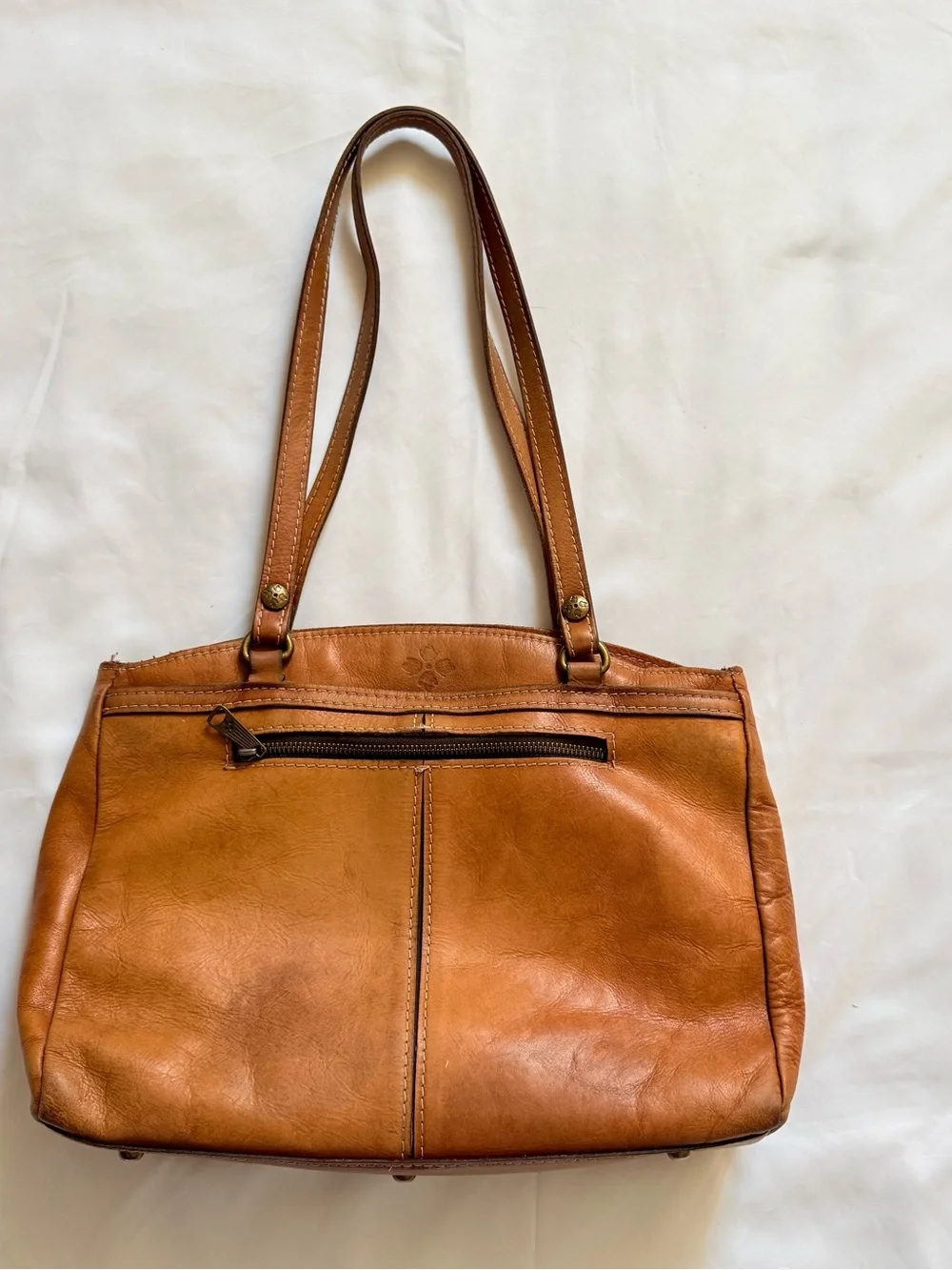 Patricia Nash Cognac Leather Shoulder Tote Satchel Purse Footed Bottom Medium